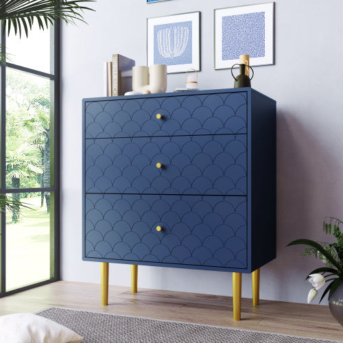 Navy Blue 3-Drawer Chest with Fish Scale Pattern and Champagne Metal Legs