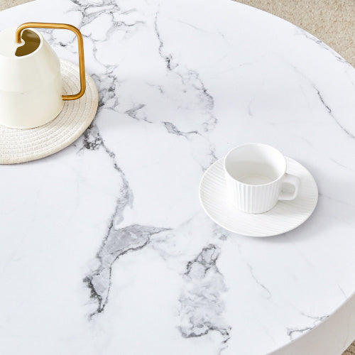 White Marble-Patterned MDF Round Coffee Table With Black Metal Adjustable Legs.