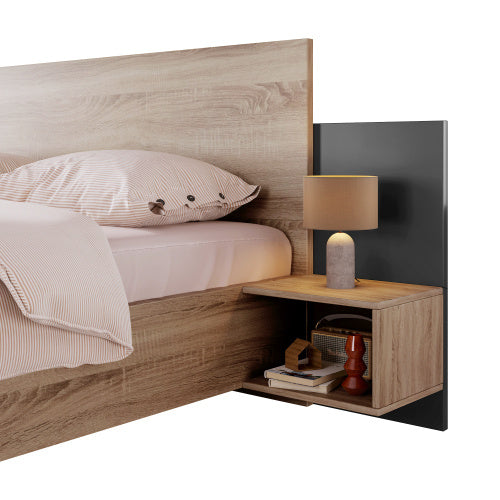 Sonoma Oak and Dark Gray Queen Size Bed with Floating Nightstands
