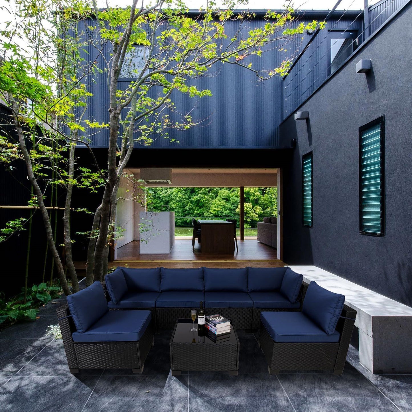 Rattan Patio Sectional Set, Black Wicker With Washable Cushions & Glass Coffee Table
