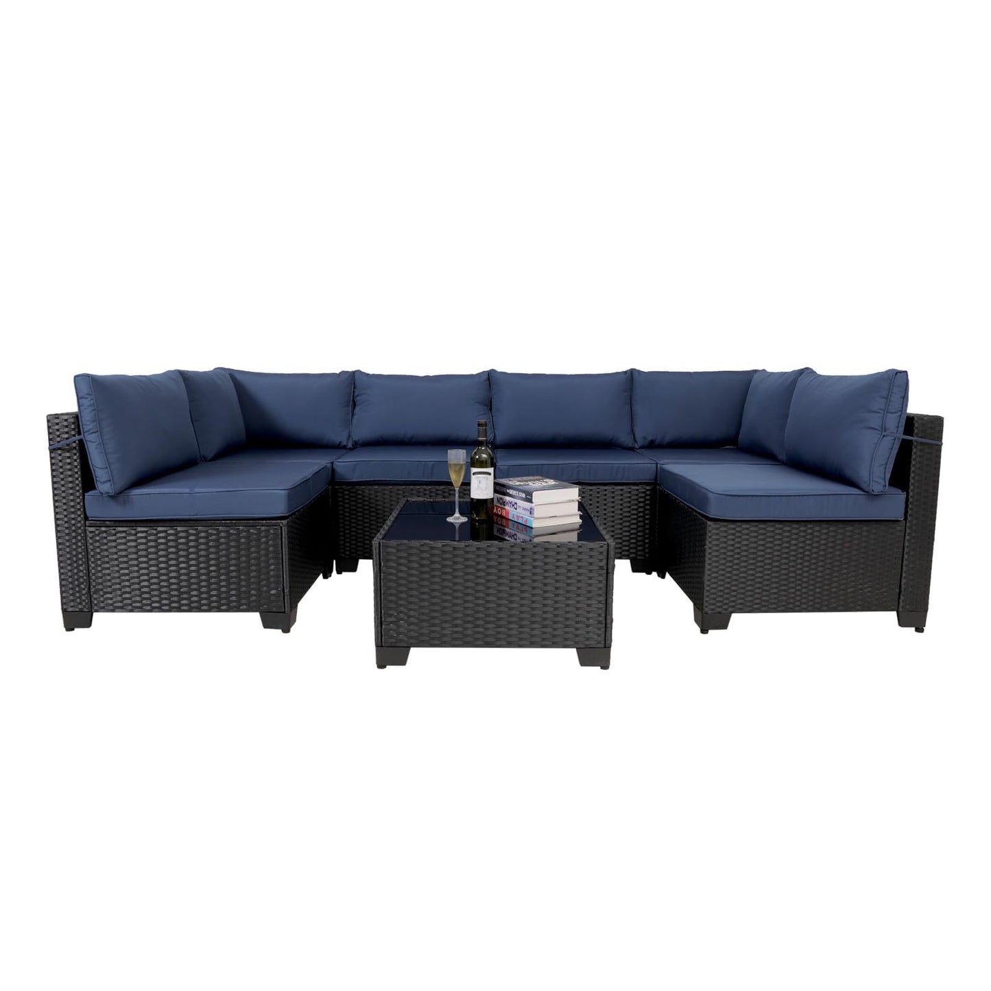Rattan Patio Sectional Set, Black Wicker With Washable Cushions & Glass Coffee Table