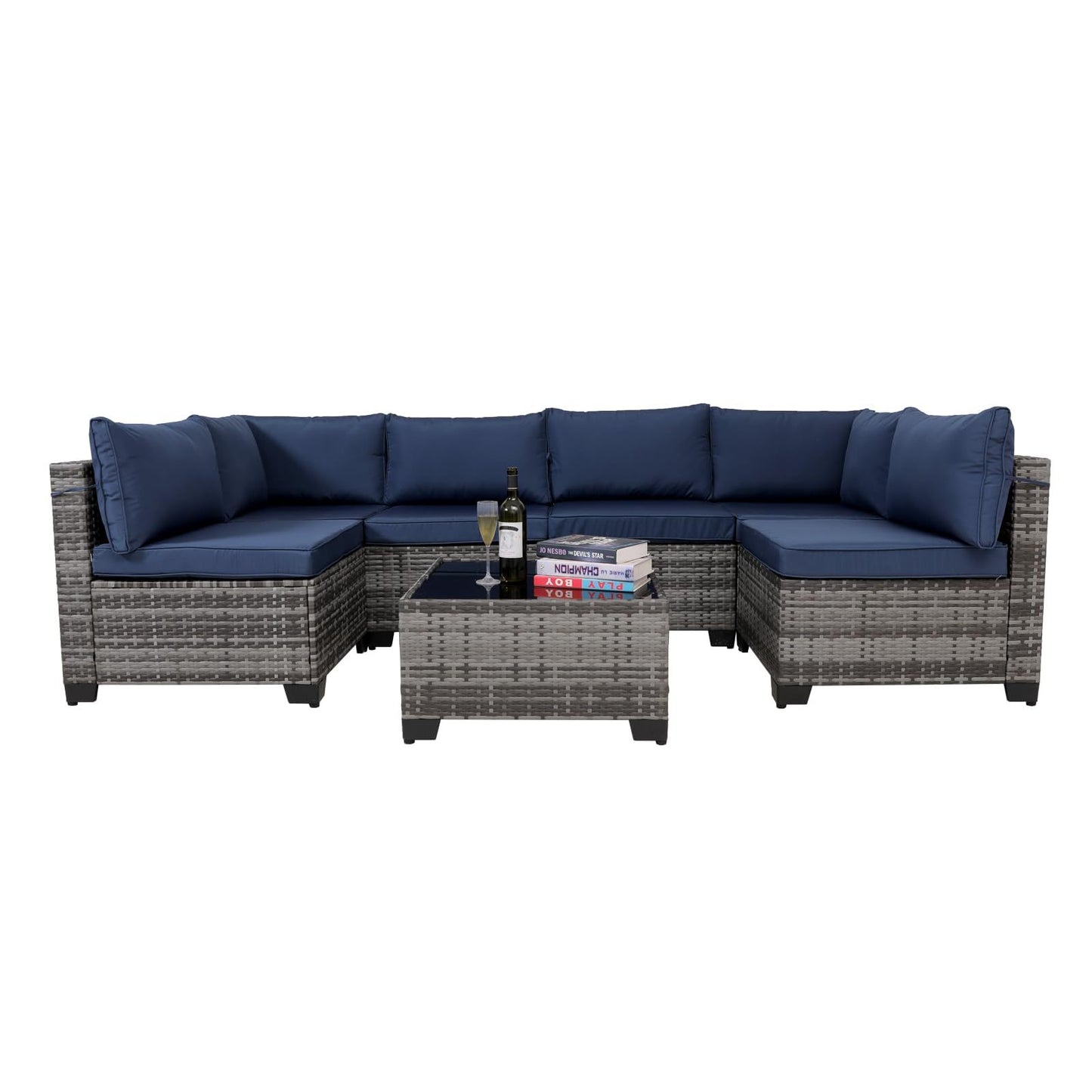 Rattan Patio Sectional Set, Black Wicker With Washable Cushions & Glass Coffee Table
