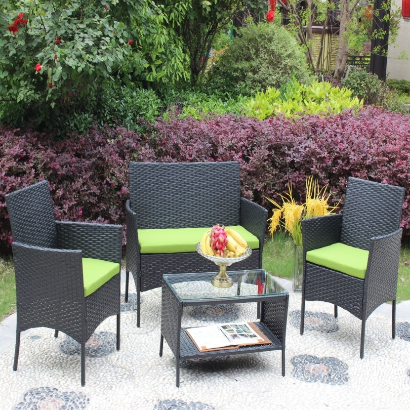 Rattan Patio Set Outdoor Wicker Sofa With Green Cushions