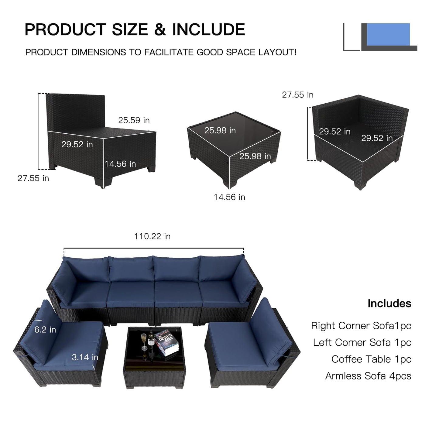 Rattan Patio Sectional Set, Black Wicker With Washable Cushions & Glass Coffee Table