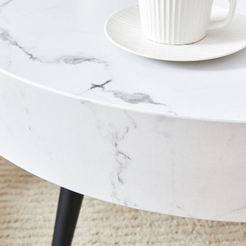 White Marble-Patterned MDF Round Coffee Table With Black Metal Adjustable Legs.