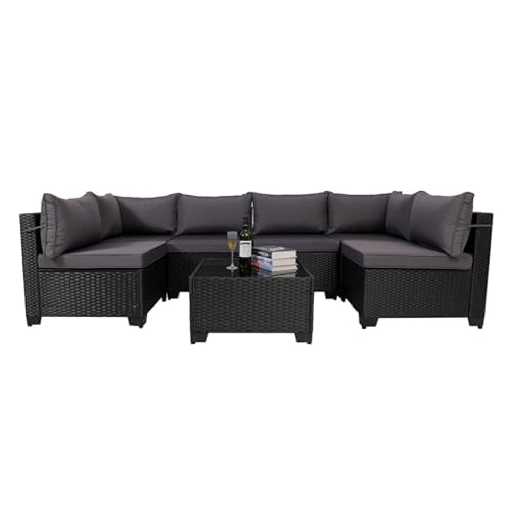 Rattan Patio Sectional Set, Black Wicker With Washable Cushions & Glass Coffee Table