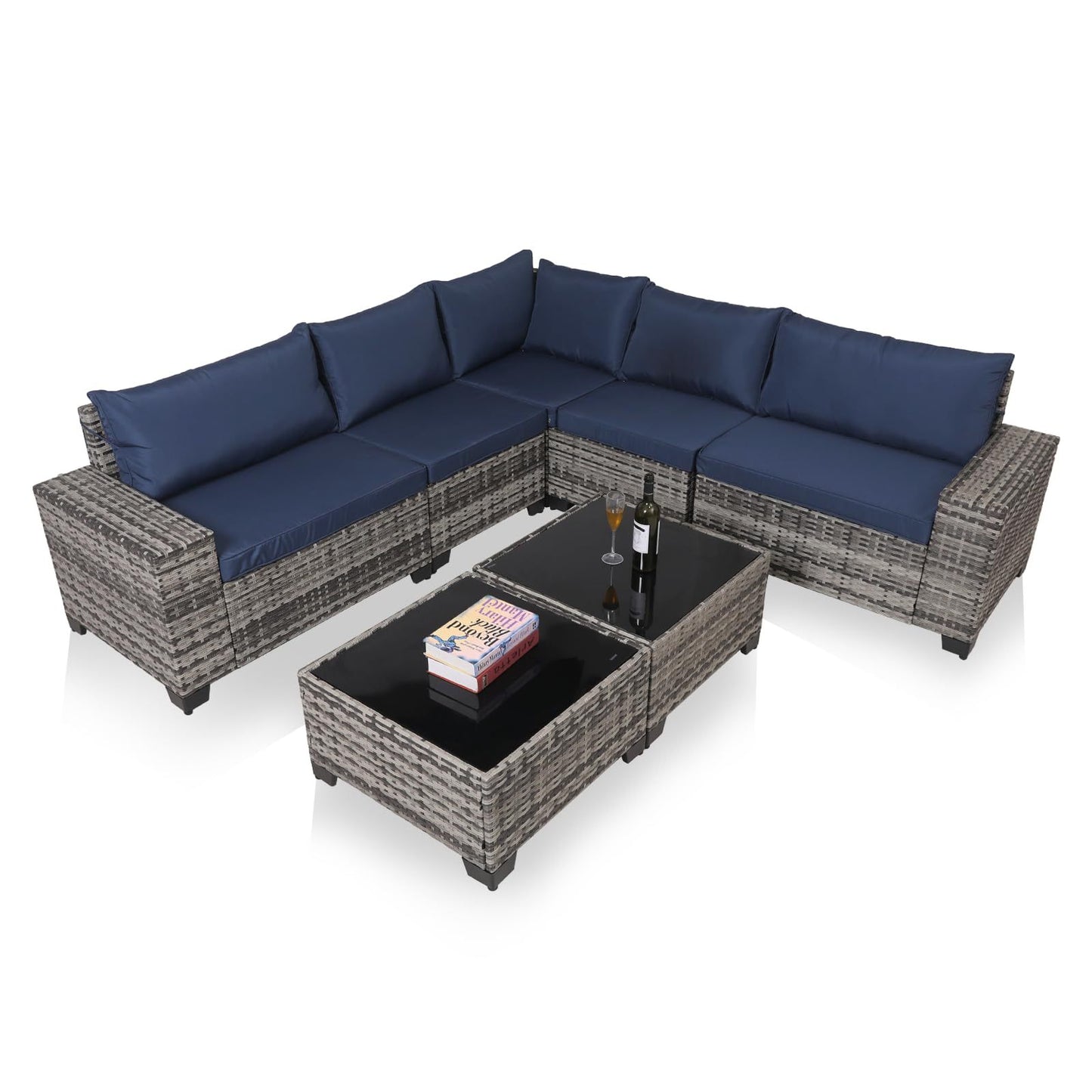 Modern Gray Wicker Sectional Sofa Set with Glass Coffee Tables