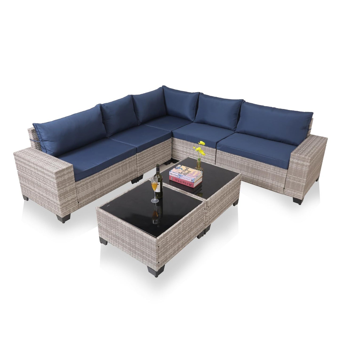 Modern Gray Wicker Sectional Sofa Set with Glass Coffee Tables