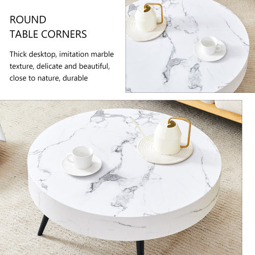 White Marble-Patterned MDF Round Coffee Table With Black Metal Adjustable Legs.