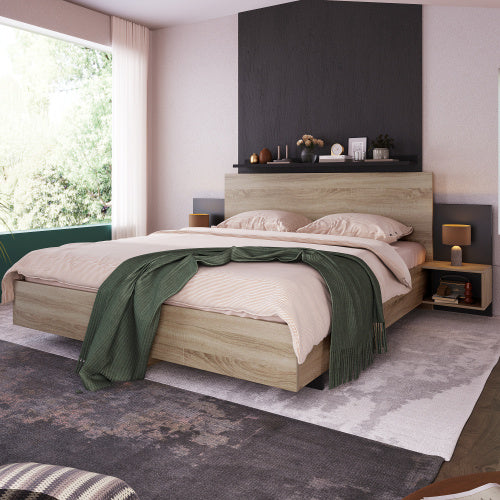 Sonoma Oak and Dark Gray Queen Size Bed with Floating Nightstands