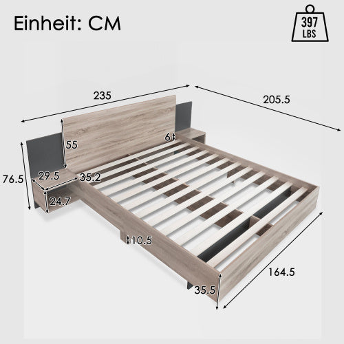 Sonoma Oak and Dark Gray Queen Size Bed with Floating Nightstands