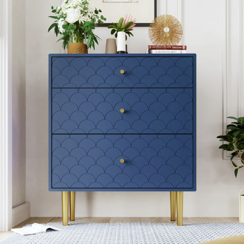 Navy Blue 3-Drawer Chest with Fish Scale Pattern and Champagne Metal Legs