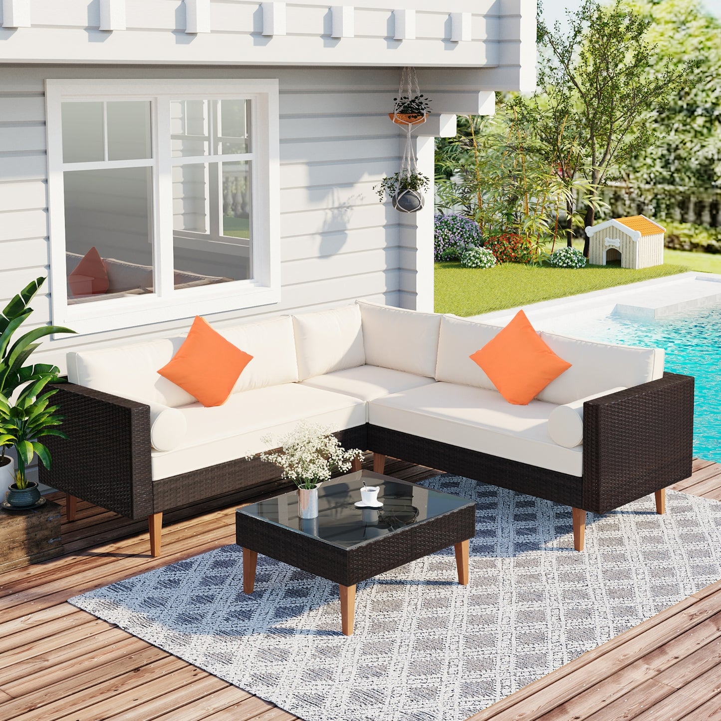 Gray Wicker Half-Moon Sectional Patio Set with Coffee Table