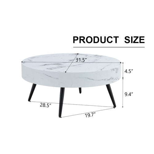 White Marble-Patterned MDF Round Coffee Table With Black Metal Adjustable Legs.