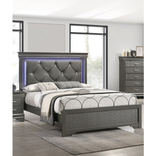 Dark Gray Faux Leather Queen Size Bed with Unique Textured Footboard