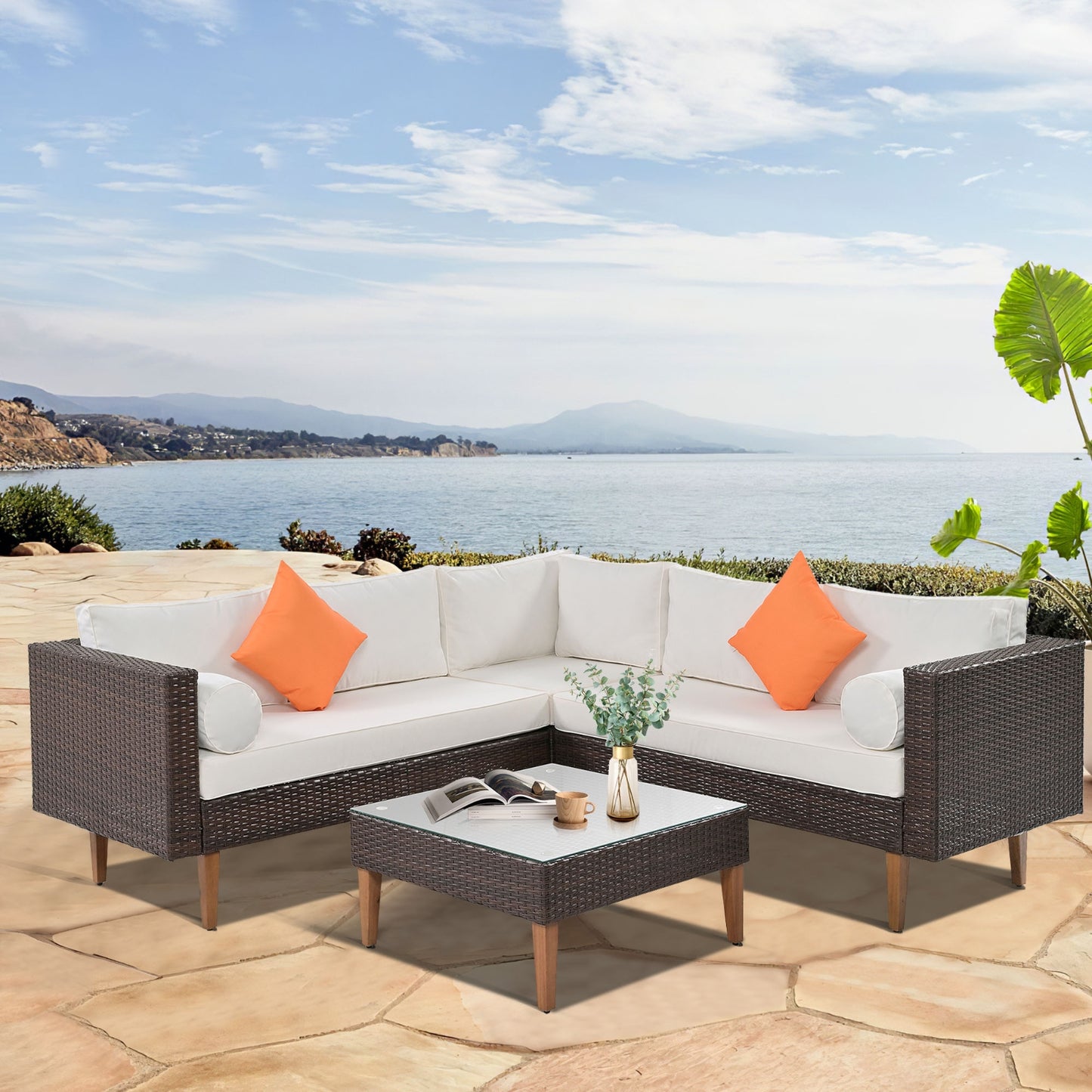 Gray Wicker Half-Moon Sectional Patio Set with Coffee Table