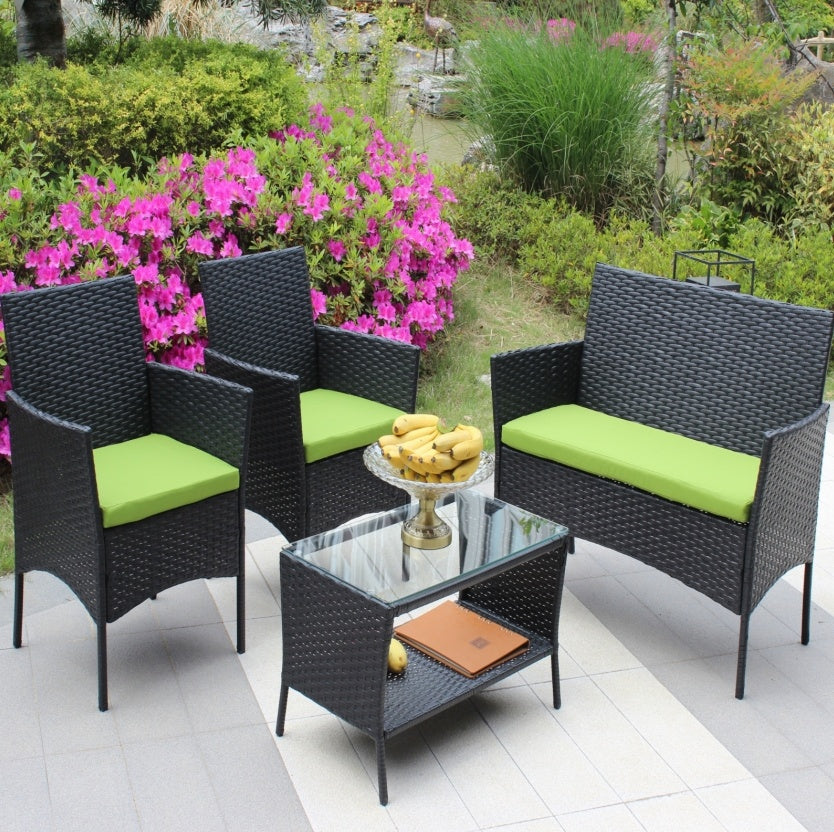 Rattan Patio Set Outdoor Wicker Sofa With Green Cushions