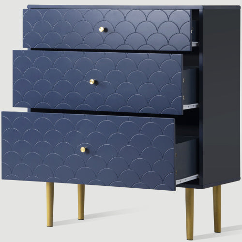 Navy Blue 3-Drawer Chest with Fish Scale Pattern and Champagne Metal Legs