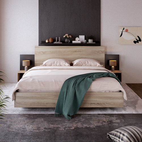 Sonoma Oak and Dark Gray Queen Size Bed with Floating Nightstands