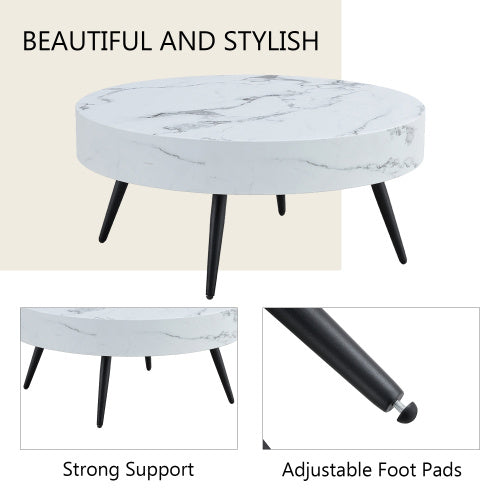 White Marble-Patterned MDF Round Coffee Table With Black Metal Adjustable Legs.