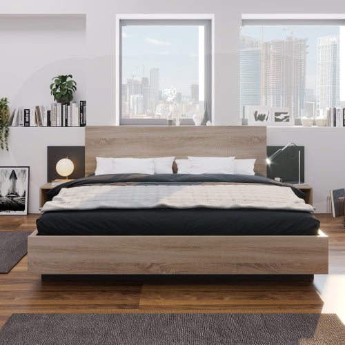 Sonoma Oak and Dark Gray Queen Size Bed with Floating Nightstands