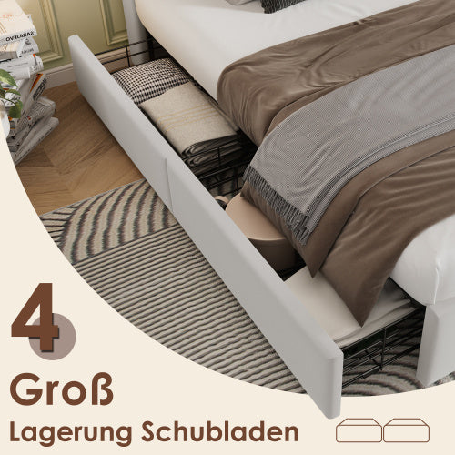 Queen Size Velvet Upholstered Bed Frame with Wireless Charging, USB Ports, and 4 Storage Drawers