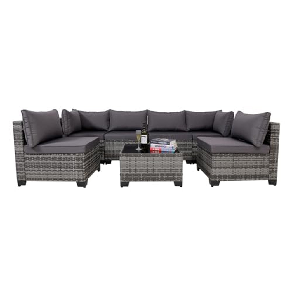 Rattan Patio Sectional Set, Black Wicker With Washable Cushions & Glass Coffee Table