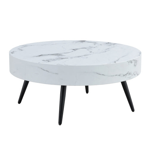 White Marble-Patterned MDF Round Coffee Table With Black Metal Adjustable Legs.