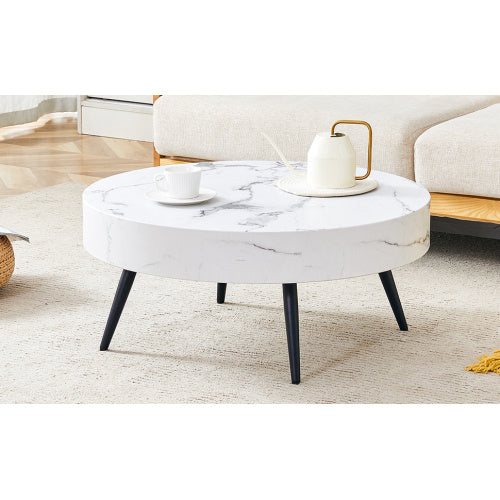 White Marble-Patterned MDF Round Coffee Table With Black Metal Adjustable Legs.
