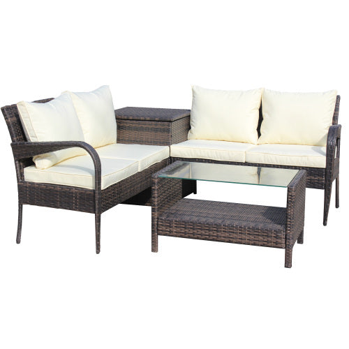 Patio Sectional Wicker Rattan Set With Storage Box Brown