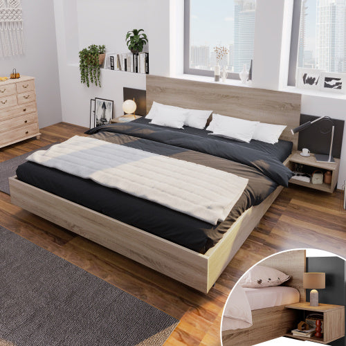 Sonoma Oak and Dark Gray Queen Size Bed with Floating Nightstands