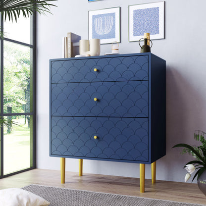 Navy Blue 3-Drawer Chest with Fish Scale Pattern and Champagne Metal Legs