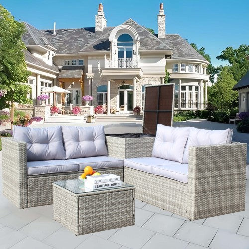 Patio Sectional Wicker Rattan Set With Storage Box Grey