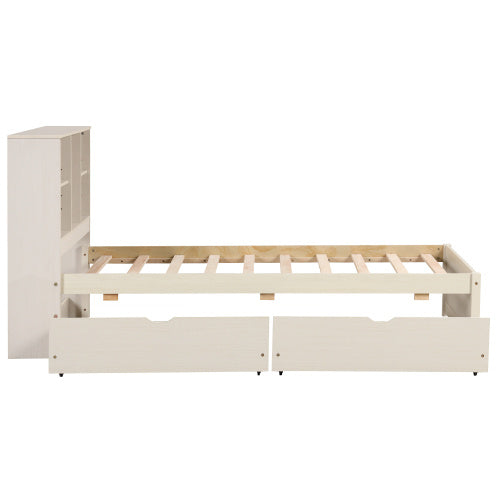 White Washed Twin Bed Frame with Bookcase Headboard and USB Charging Station