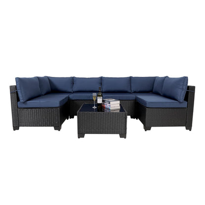 Rattan Patio Sectional Set, Black Wicker With Washable Cushions & Glass Coffee Table