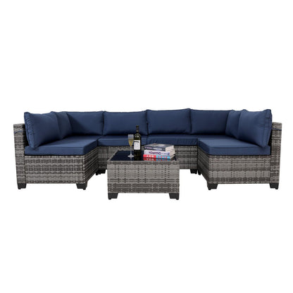 Rattan Patio Sectional Set, Black Wicker With Washable Cushions & Glass Coffee Table