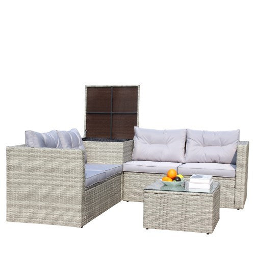 Patio Sectional Wicker Rattan Set With Storage Box Grey