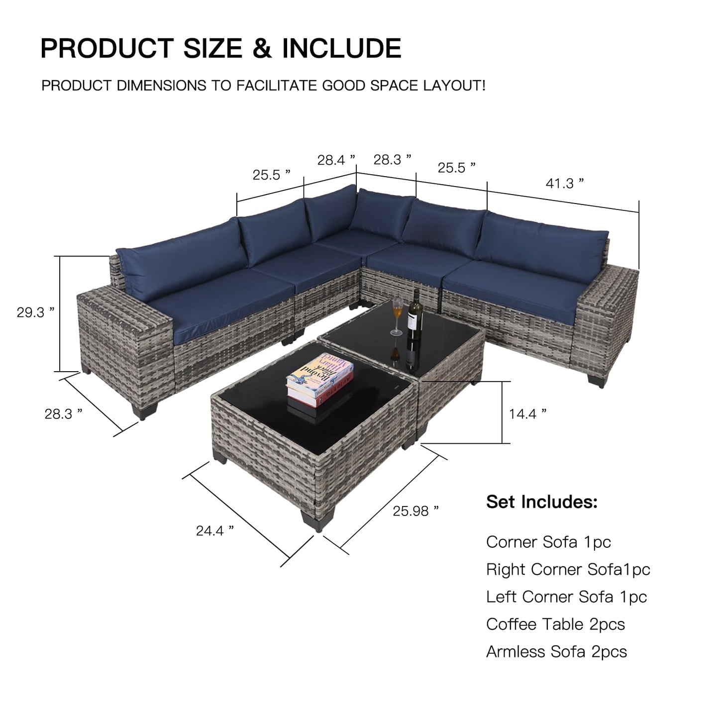 Modern Gray Wicker Sectional Sofa Set with Glass Coffee Tables