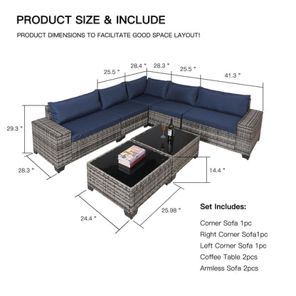 Modern Gray Wicker Sectional Sofa Set with Glass Coffee Tables