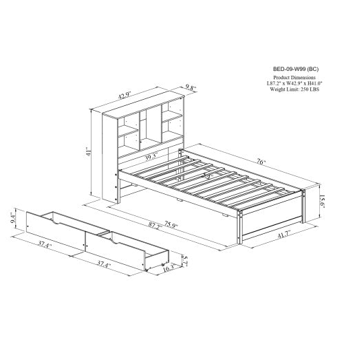 White Washed Twin Bed Frame with Bookcase Headboard and USB Charging Station