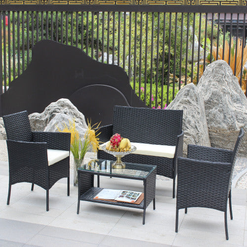 Rattan Patio Set Cushioned Seat Wicker Sofa Beige Cushion