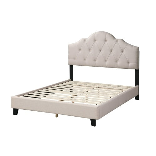 Contemporary Light Brown Queen Size Bed with Tufted Upholstered Headboard