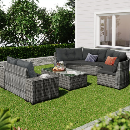 Gray All-Weather Wicker Round Patio Set with Cushions and Side Tables