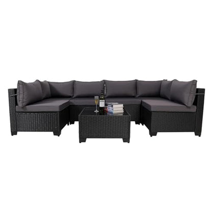 Rattan Patio Sectional Set, Black Wicker With Washable Cushions & Glass Coffee Table