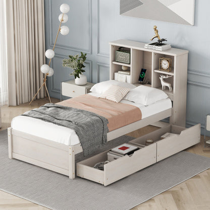 White Washed Twin Bed Frame with Bookcase Headboard and USB Charging Station