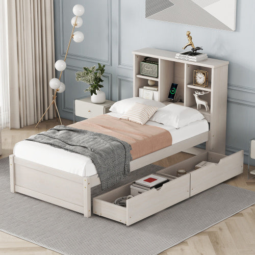 White Washed Twin Bed Frame with Bookcase Headboard and USB Charging Station