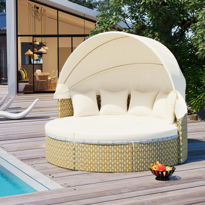 Patio Sectional Sofa Set Rattan Daybed Two-Tone Weave Sunbed With Ret