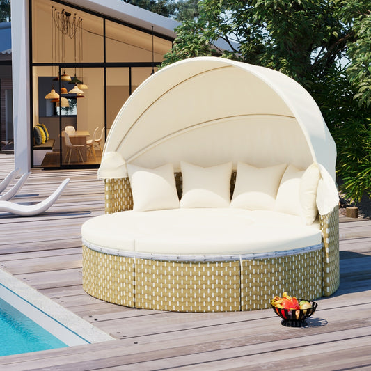 Patio Sectional Sofa Set Rattan Daybed Two-Tone Weave Sunbed With Ret