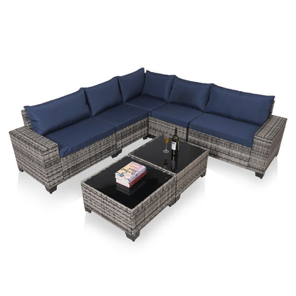 Modern Gray Wicker Sectional Sofa Set with Glass Coffee Tables