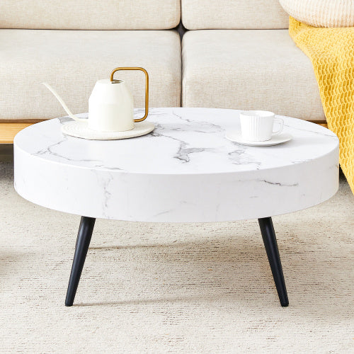 White Marble-Patterned MDF Round Coffee Table With Black Metal Adjustable Legs.